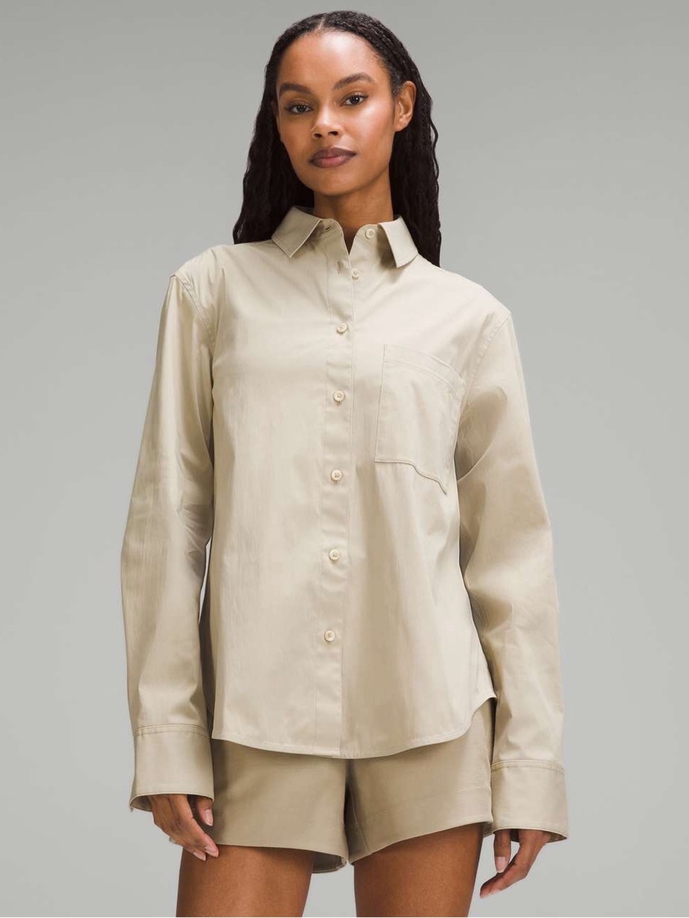 Lululemon Relaxed Fit Cotton Poplin Button Down Top Khaki Tan M